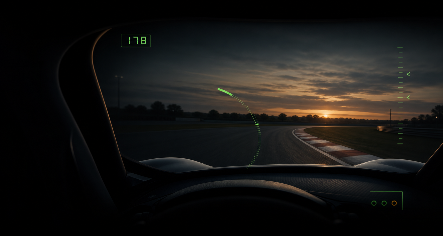 Conceptual VICA visor preview with sparse green race-awareness cues over a racing circuit
